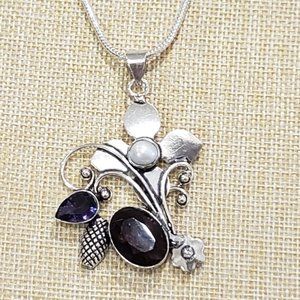 Amethyst Pearl Gem Flower 925 Silver Pendant Necklace